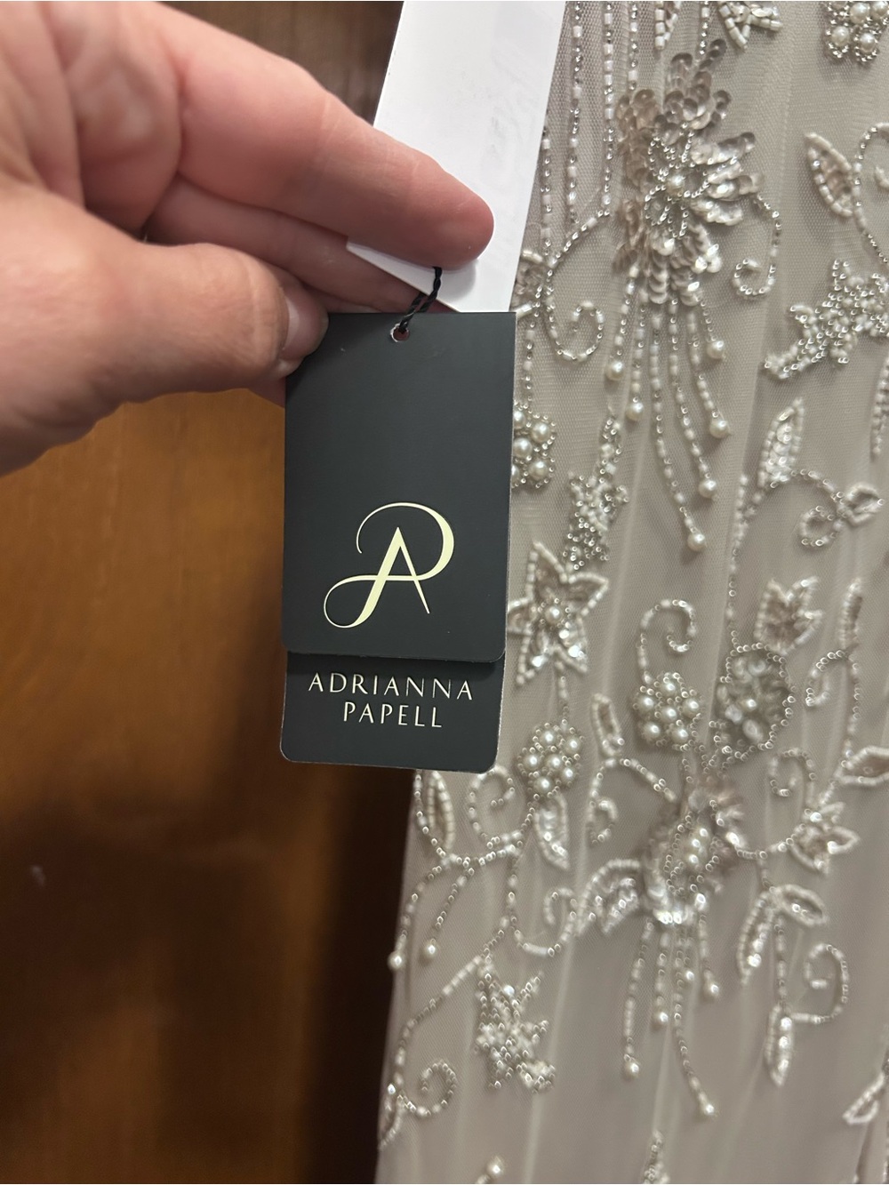 Adrianna Papell Biscotti Beaded Long Gown with Pearl Embellishment